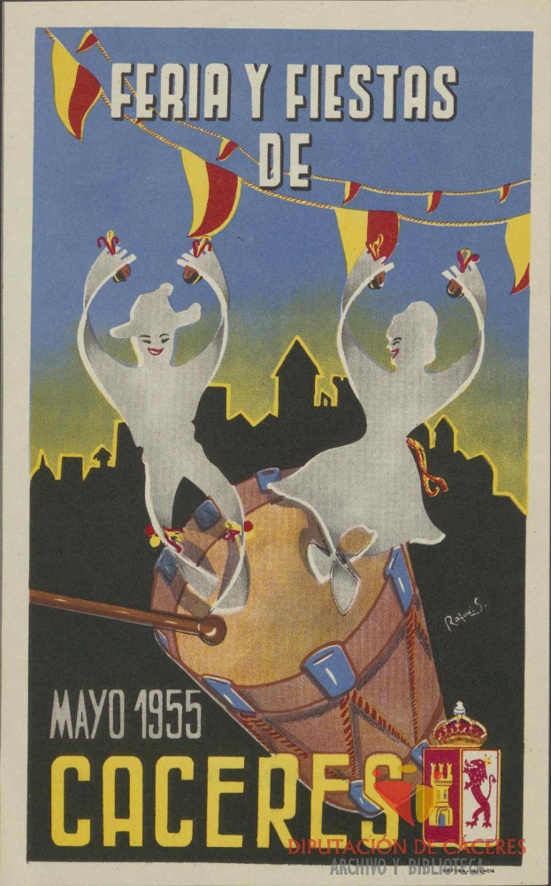 Farbenfrohes Plakat, das das Karnevalsfest Feria y Fiestas de Cáceres in Spanien ankündigt, mit traditionellen Kostümen, einem gelben Hintergrund und fetter schwarzer Schrift.