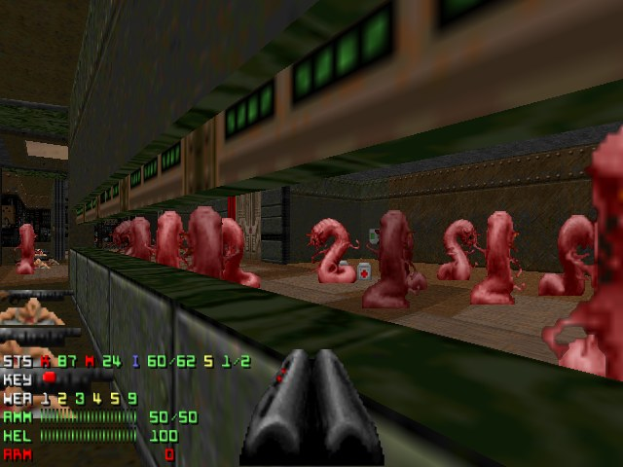 Ein Screenshot aus dem Videospiel Doom II, der mehrere animierte Zombies in einem Raum zeigt, mit einer Waffe unten und Spielstatistiken links.