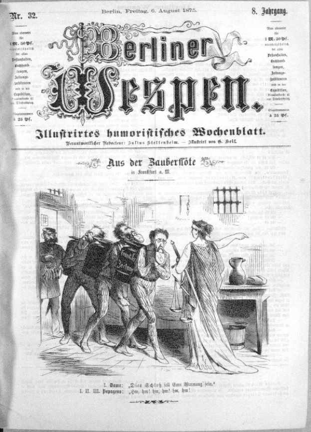 Schwarze und weiße Zeitung vom "Berliner Wespen, August 6, 1875" mit einer Gruppe von Menschen in Not, einige schauen ängstlich nach oben und andere verwirrt nach unten.
