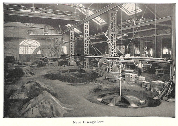 Schwarzes und weißes Foto einer Fabrikhalle mit Arbeitern an einer Maschine, umgeben von Metallstangen und -rohren, beschriftet mit "Neue Eisenglebeerei, die erste Fabrik Deutschlands" unten.