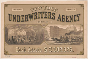 Eine alte Werbung für die New York Underwriters Agency, die Text und Bilder von Menschen, Pferden und Gebäuden zeigt und wahrscheinlich die Dienstleistungen der Agentur bewirbt.