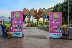 Gruppe von Menschen vor einem "Abrasel"-Schild auf einem Festival mit Bannern, einem sitzenden Menschen, einem Besen, Topfpflanzen, einem Tisch mit Gegenständen, einem Zelt, Pfählen, Gras, Baumrinde, dekorativen Elementen, einer Straßenlaterne, Fahrzeugen, Gebäuden und einem bewölkten Himmel.