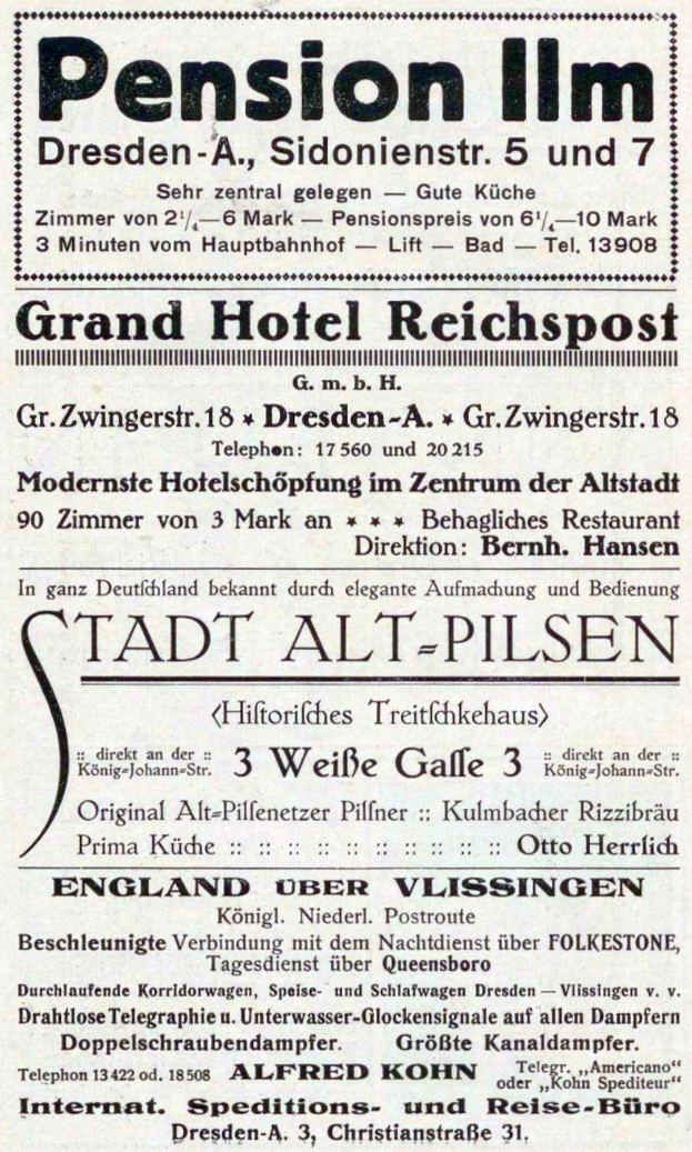 Schwarze und weiße Zeitungsanzeige für das Pensionshotel in Dresden, Deutschland.