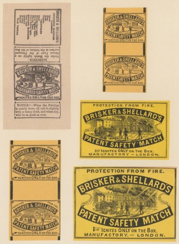 Papier mit mehreren kleineren Papieren daran befestigt, jedes trägt den Text "Brisker & Shellard's Patent Safety Match".