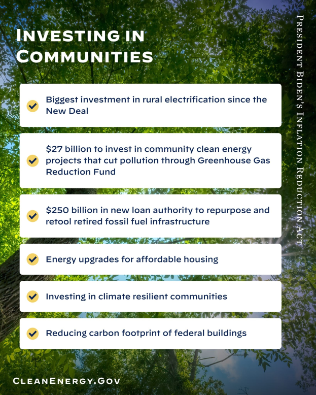 Plakat mit Bäumen und Himmel im Hintergrund, das den Text "Investing in Communities: Biggest Investment in Rural Electricity Since the New Deal" zeigt.