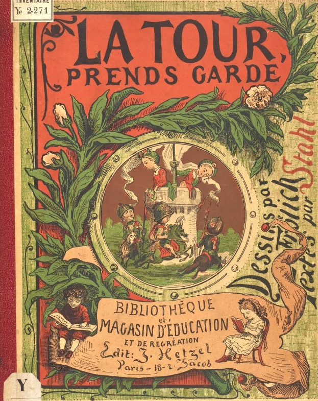 Buchumschlag mit Kindern, die in einem üppigen Garten mit blühenden Blumen spielen, betitelt mit "La Tour Prends Garde".