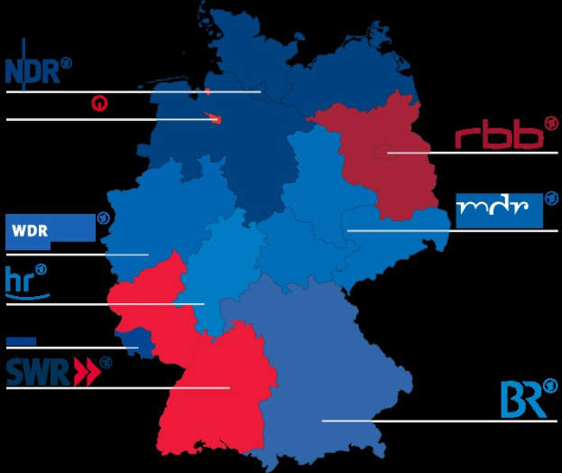 Karte von Deutschland, die die Ergebnisse der Wahl von 2016 nach Provinzen hervorhebt, wobei rot und blau unterschiedliche Ergebnisse anzeigen und von Kandidatennamen und Wahldatentext begleitet werden.