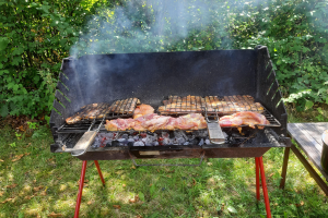 Grill mit Fleisch darauf auf Gras, umgeben von Bäumen, mit einem Tisch und einer Schüssel rechts daneben.