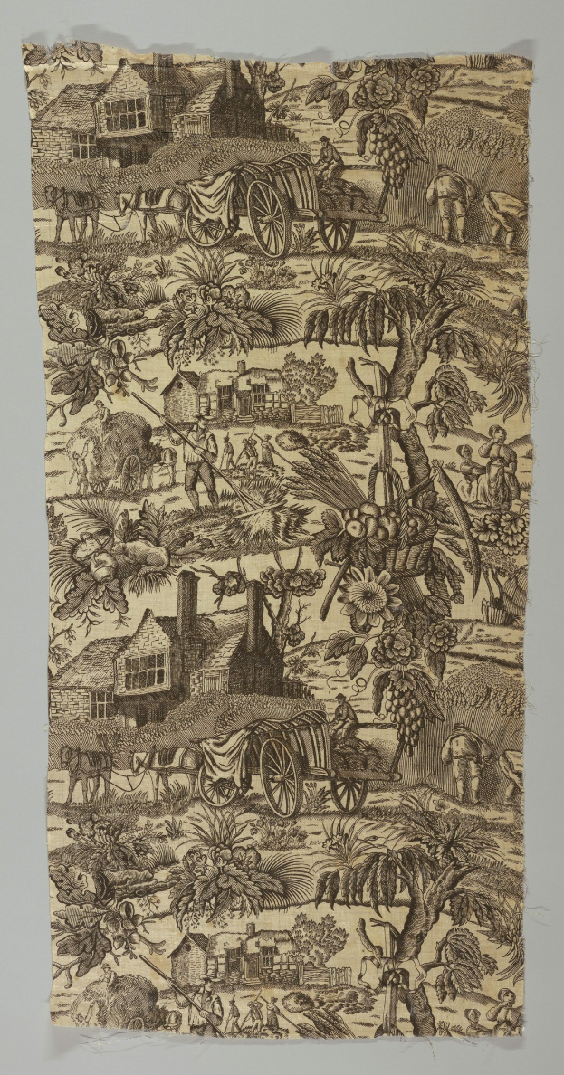 Eine handgezeichnete Dorfszene auf Papier mit Bäumen, Menschen, Karren, Häusern und anderen Gegenständen.