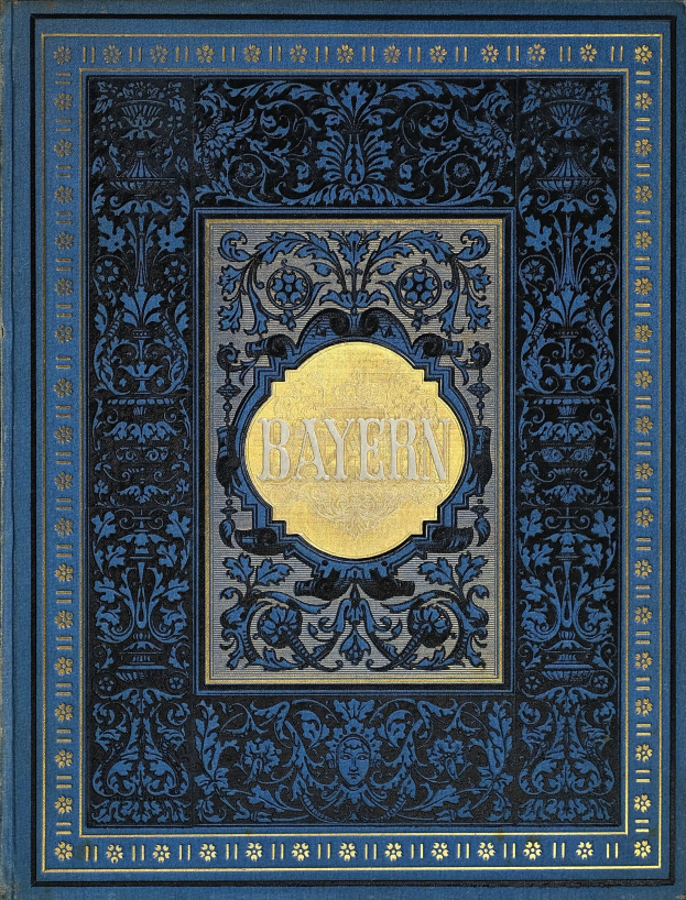 Ein blau-goldenes Buch mit dem Wort 'Bayern' auf dem Cover, verziert mit aufwändigen Designs.