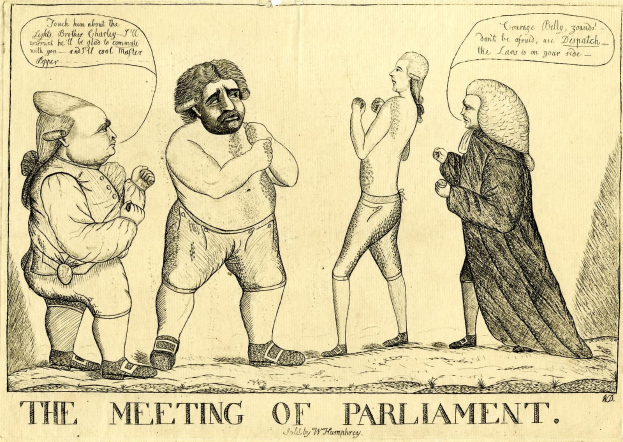 Ein Papierbild mit dem Titel "Die Parlamentssitzung" zeigt drei Personen, die stehen und diskutieren, wobei eine Person lebhaft gestikuliert.