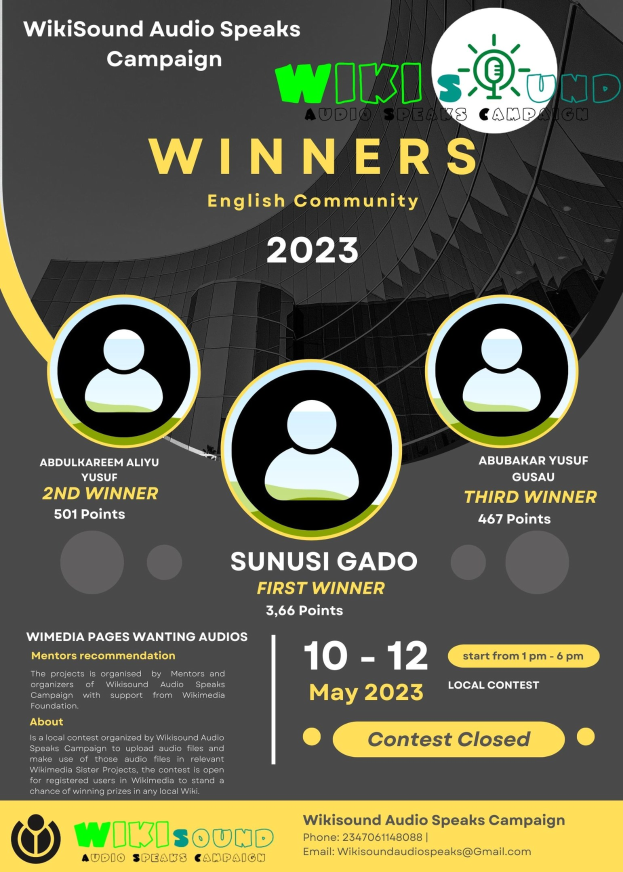 Ein buntes Plakat mit einem blauen Hintergrund und gelben und weißen Buchstaben, die in fetter Schrift "Gewinner" lesen, mit mehreren strahlenden Menschen in der Mitte.