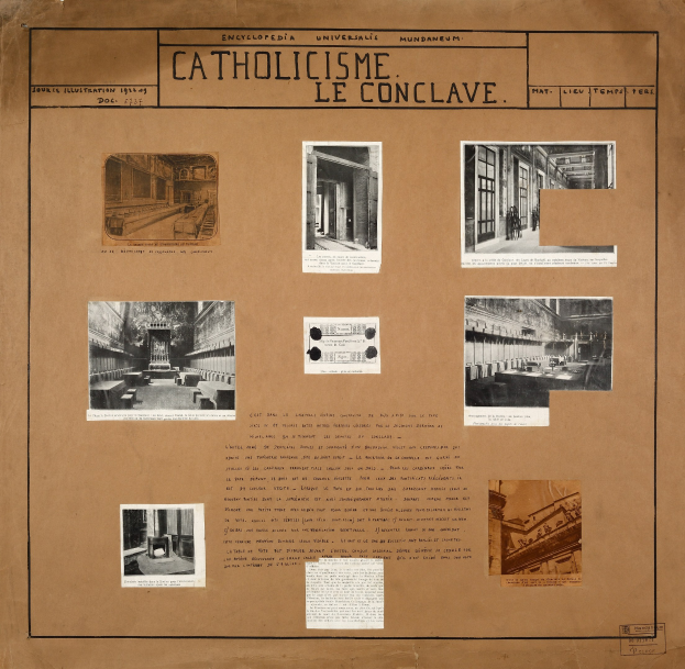 Ein Buch mit Bildern und Texten, das die Geschichte der katholischen Kirche beschreibt, einschließlich Bilder von ihren Räumen, Fluren und erhaltenen Artefakten.