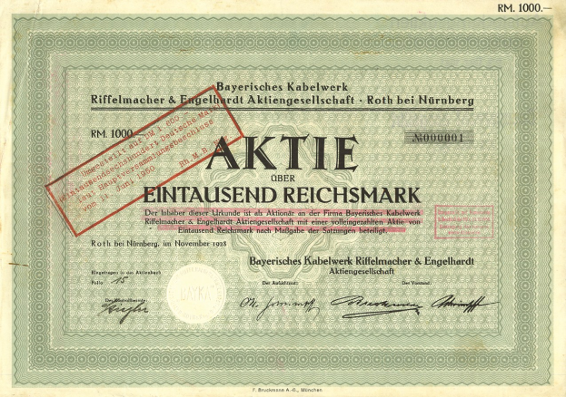 Altes deutsches Aktienzertifikat mit rotem Stempel und gedrucktem Text.