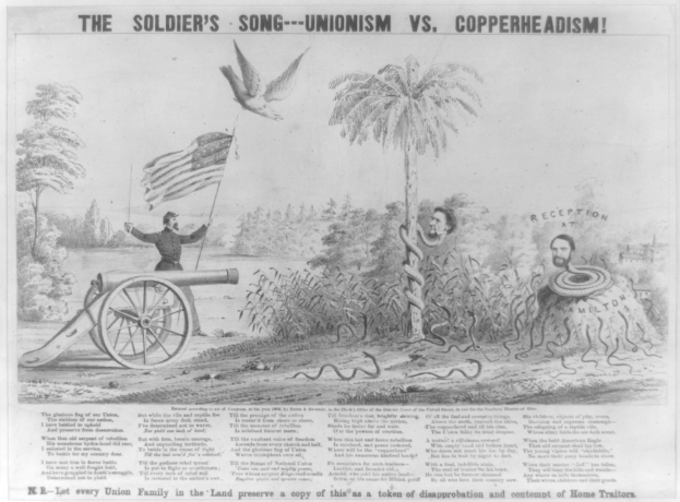 Eine Person steht auf einem Kanonenrohr und hält eine Fahne, umgeben von Bäumen, Pflanzen und einer Schlange, mit der Aufschrift "The Soldier's Song - Unionism vs Copperheadism" auf dem Plakat.