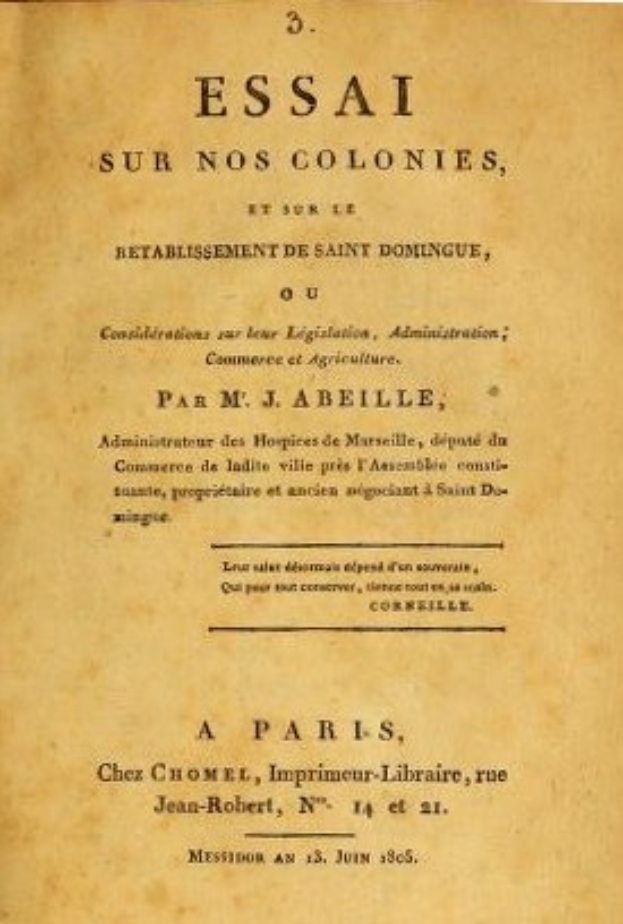 Deckblatt eines alten Buches mit dem Titel "Essai sur nos Colonies, et sur l'Établissement de Saint Dominique", das die französische Kolonialgeschichte und Kultur diskutiert.