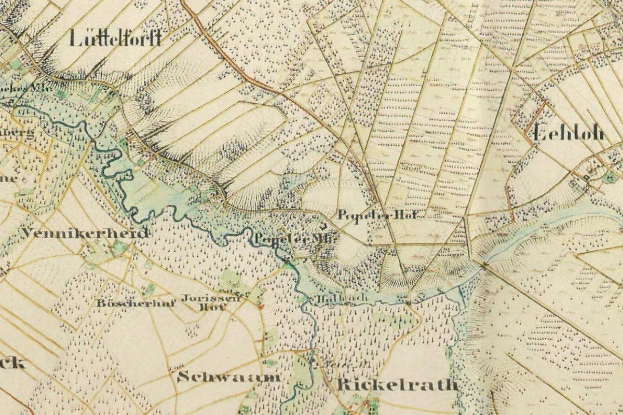 Ein detaillierter alter Stadtplan von Lüttelhof, Deutschland, der Straßen, Parks, Sehenswürdigkeiten und die umliegende Gegend zeigt.
