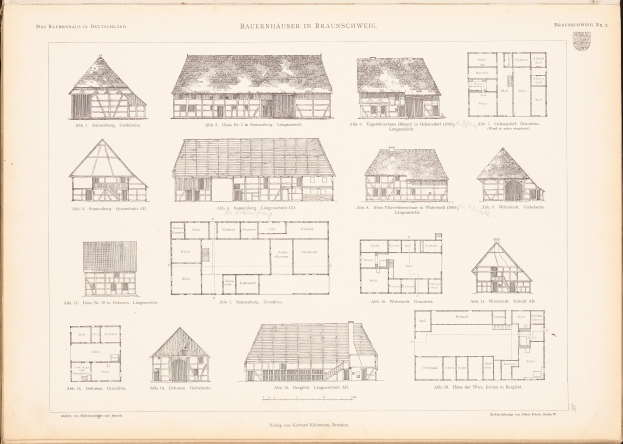 Ein offenes altes Buch mit Architekturplänen und Zeichnungen verschiedener Hausentwürfe auf einer Seite mit begleitendem Text.