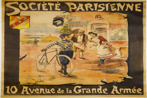 Plakat, das ein Fahrradrennen in Paris, Frankreich, ankündigt, das eine Gruppe von Menschen zeigt, von denen einer ein Fahrrad hält, ein Gebäude im Hintergrund und Text, der das Ereignis beschreibt.