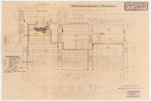 Schwarz-weißes Architekturzeichnung des Rosenhof-Krankenhauses in Hamburg, Deutschland, zeigt detaillierten Grundriss mit zahlreichen Drähten und beschrifteten Räumen, Fluren und Merkmalen auf altem Papier.