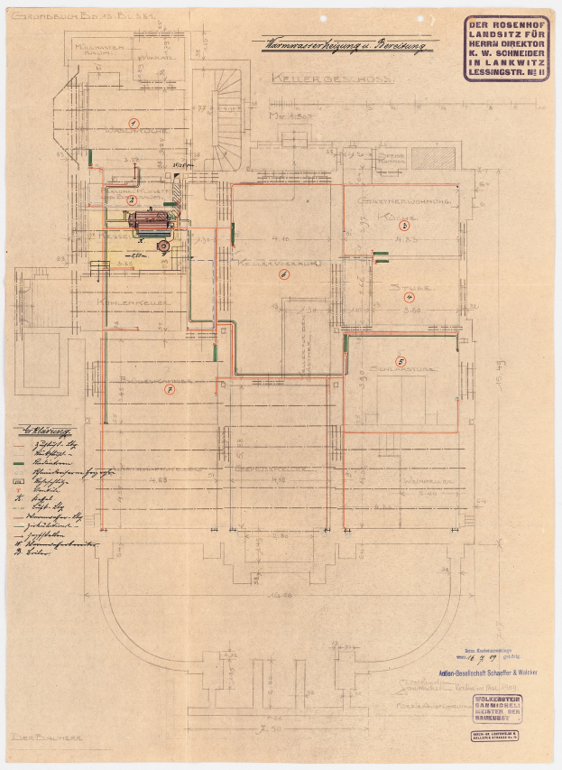 Schwarz-weißes Architekturzeichnung des Rosenhof-Krankenhauses in Hamburg, Deutschland, zeigt detaillierten Grundriss mit zahlreichen Drähten und beschrifteten Räumen, Fluren und Merkmalen auf altem Papier.