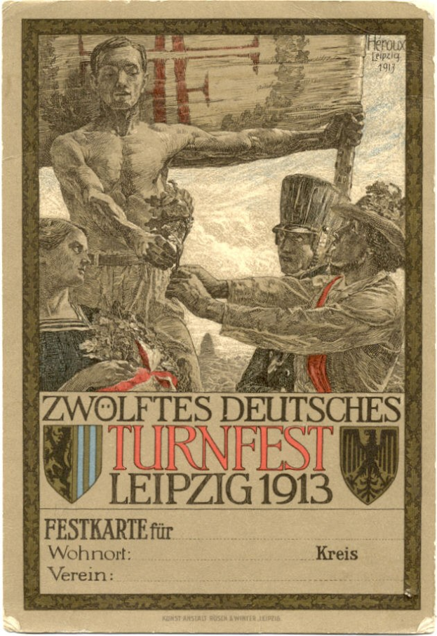 Plakat für das Zwölfte Deutsche Turnfest Leipzig 1913, das eine zentrale Personengruppe und Texte mit Veranstaltungseinzelheiten zeigt.