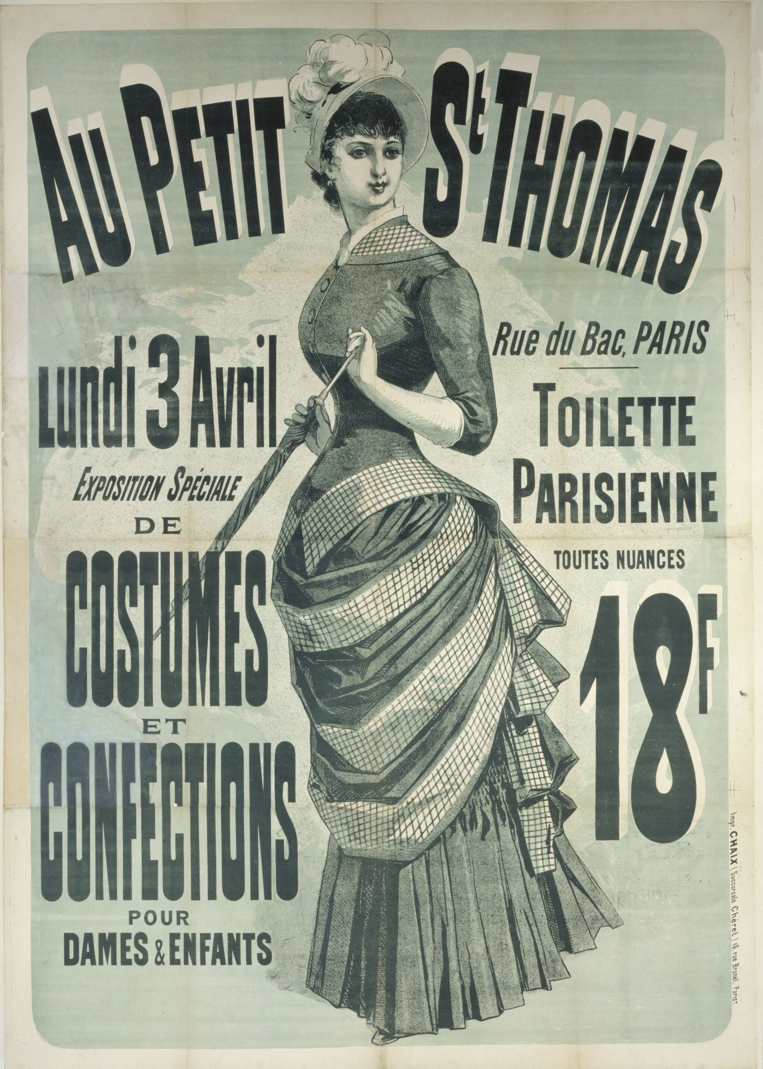 Alte Plakatansage für eine Kostümvorstellung mit einer Frau in einem langen, hochgeschlossenen, langärmligen Kleid mit einem Dutt, die anmutig mit verschränkten Händen steht.