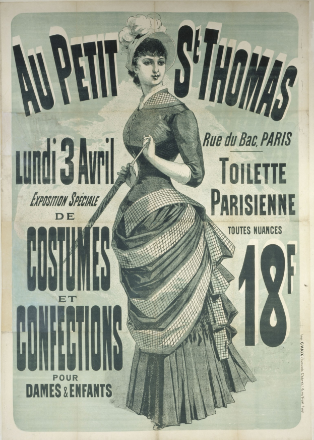 Alte Plakatansage für eine Kostümvorstellung mit einer Frau in einem langen, hochgeschlossenen, langärmligen Kleid mit einem Dutt, die anmutig mit verschränkten Händen steht.