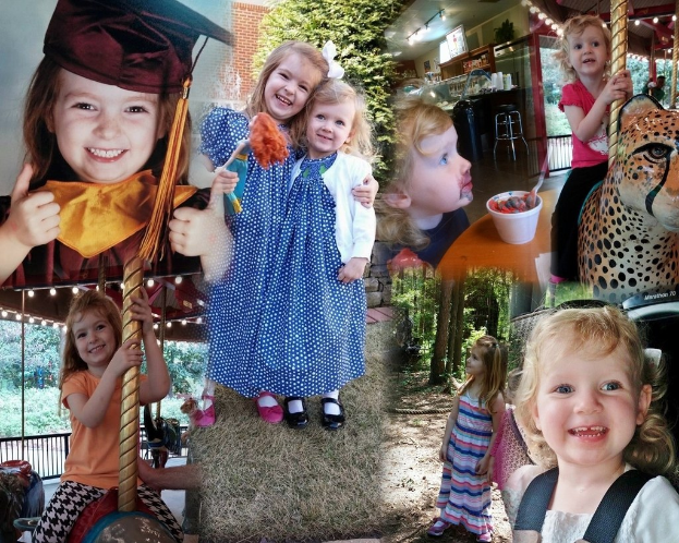 Collage mit lustigen Fahrgeschäften, Kindern, einem Tisch mit Lebensmitteln und Besteck, Lampen, natürlichen Elementen wie Bäumen und Gras sowie verschiedenen Gegenständen wie einem Seil und einem Hut.