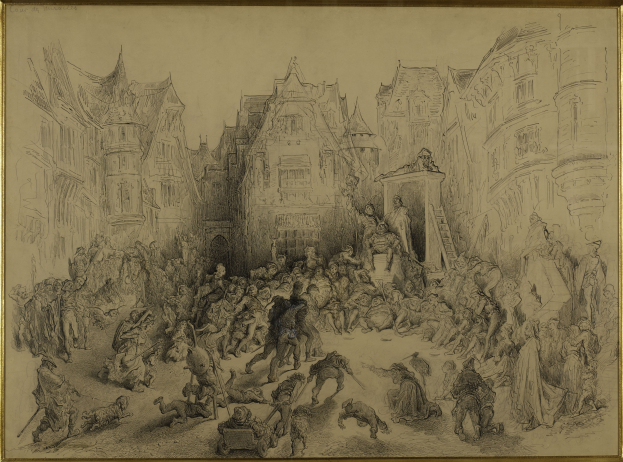 Ein gerahmtes Zeichnung eines belebten Stadtstraßenbildes mit Menschen, die stehen und sitzen und in einer lebendigen Szene sind.