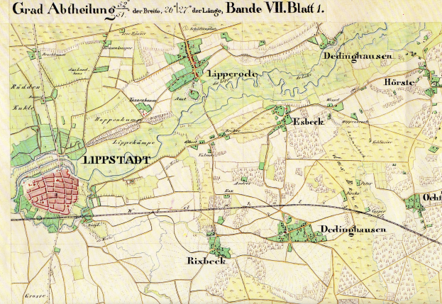 Detailierte historische Karte von Lippstadt, Deutschland, zeigt Straßen, Gebäude und Sehenswürdigkeiten mit Text oben und unten auf dem Papier.