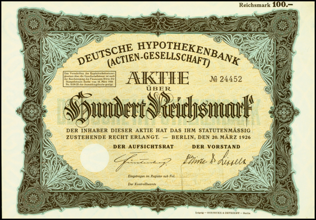 Alte deutsche Banknote mit schwarzem Rand, die ein Männerporträt und den Text 'Deutsche Hypothekenbank Aktien-Gesellschaft' zeigt.