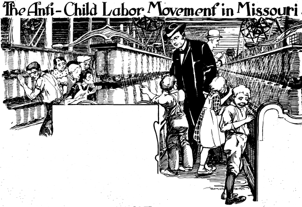 Plakat mit der Aufschrift 'Die Anti-Kinderarbeit-Bewegung in Missouri' zeigt besorgte Menschen in traditioneller Kleidung, einige stehen, andere sitzen, mit Text oben und unten.