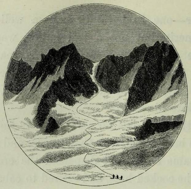 Eine Schwarzweiß-Radierung von einer schneebedeckten Berglandschaft mit einem Fluss und Text unten.
