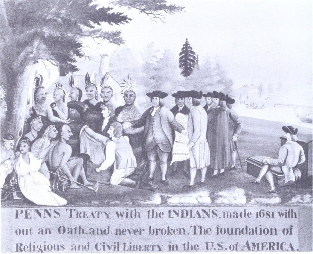 Ein Plakat, das eine Gruppe von Menschen vor einem Baum- und Himmel-Hintergrund zeigt, mit Text unten über den 1681 Penn's Treaty with the Indians.