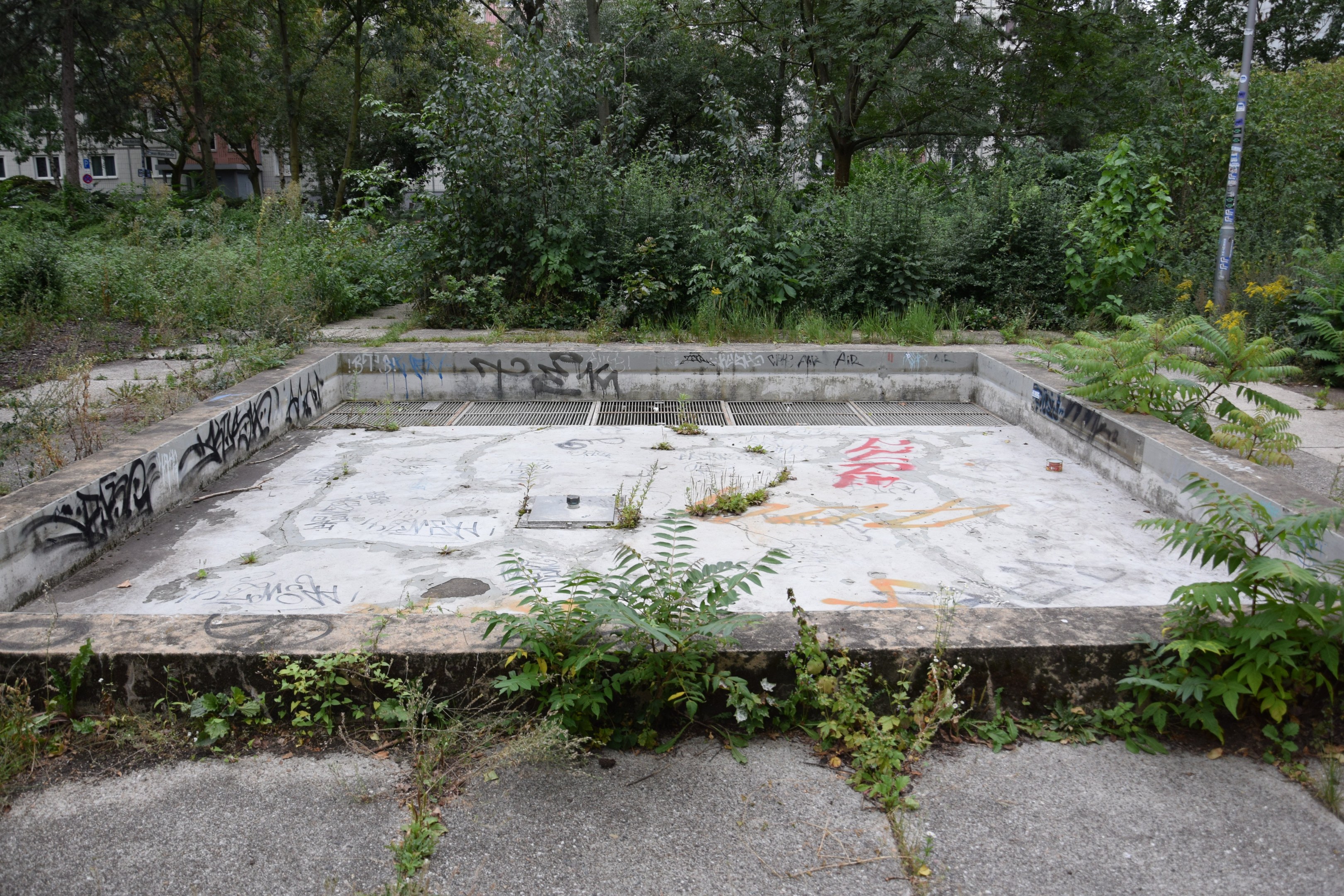 Verlassener Swimmingpool mit Graffiti bedeckt, umgeben von Bäumen und Pflanzen, mit einem Pfahl in der Nähe, Gebäuden im Hintergrund und einem klaren blauen Himmel.