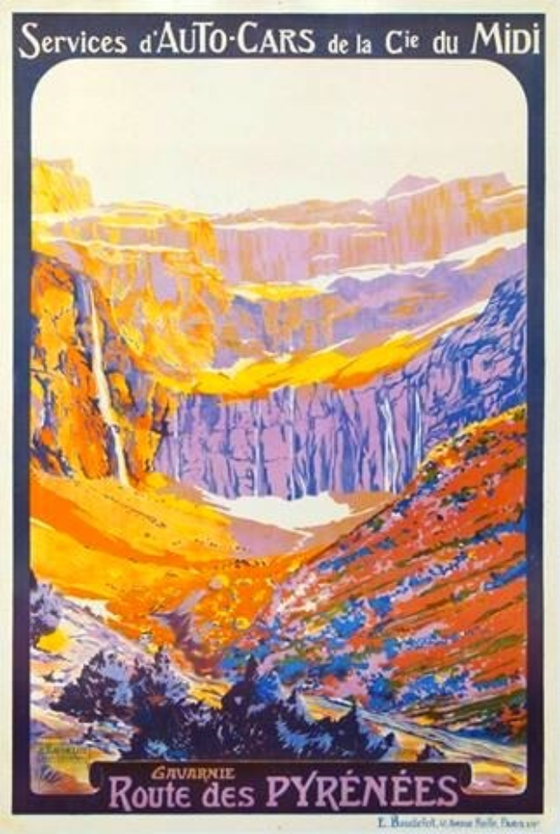 Plakat für eine Autowerkstatt in den Pyrenäen, Frankreich, mit einer hügeligen Landschaft und einem hellblauen Himmel mit Text zu den Serviceangeboten.