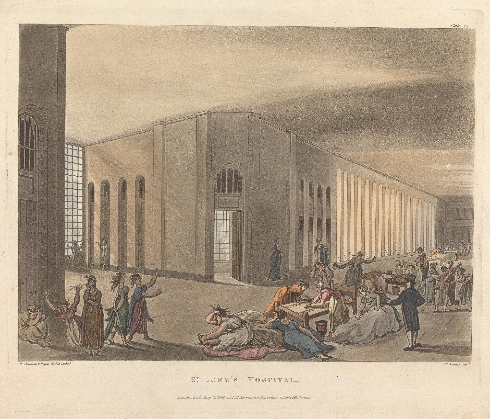 Eine Zeichnung des St. Luke's-Krankenhauses in London, England, mit Menschen, die im Vordergrund stehen, sitzen und liegen.