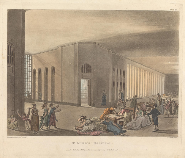 Eine Zeichnung des St. Luke's-Krankenhauses in London, England, mit Menschen, die im Vordergrund stehen, sitzen und liegen.