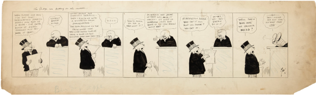 Ein Comic-Strip-Panel mit einem Mann in Zylinder und einer Frau in Kleid, die in eine hitzige Diskussion vertieft sind, wobei der Mann ein Blatt Papier hält.