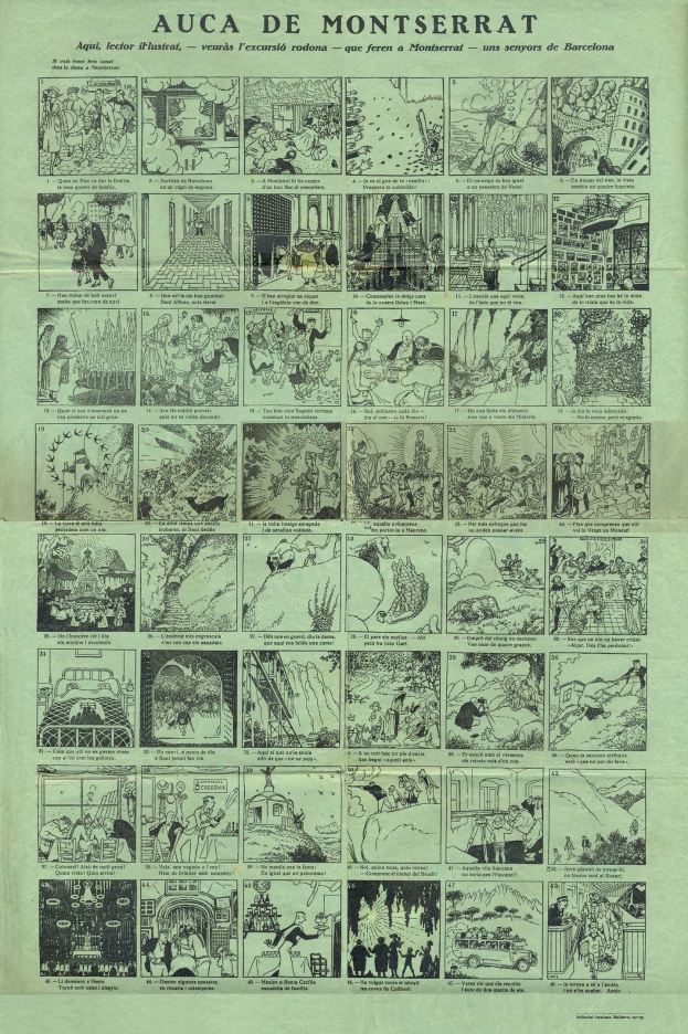 Ein Collage aus bunten Illustrationen und Text, einschließlich einer Comicseite mit mehreren Panels.