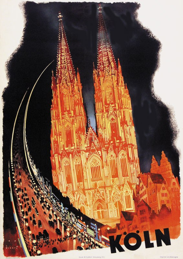Illustrierter Plakataufdruck der Kölner Dom mit Textwerbung für den Bahnhof in Köln