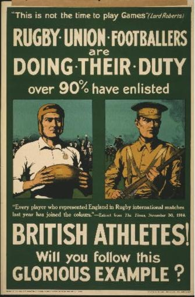 Plakat mit zwei Rugby-Union-Fußballern in Militäruniformen mit Text über britische Athleten, die sich verpflichten.