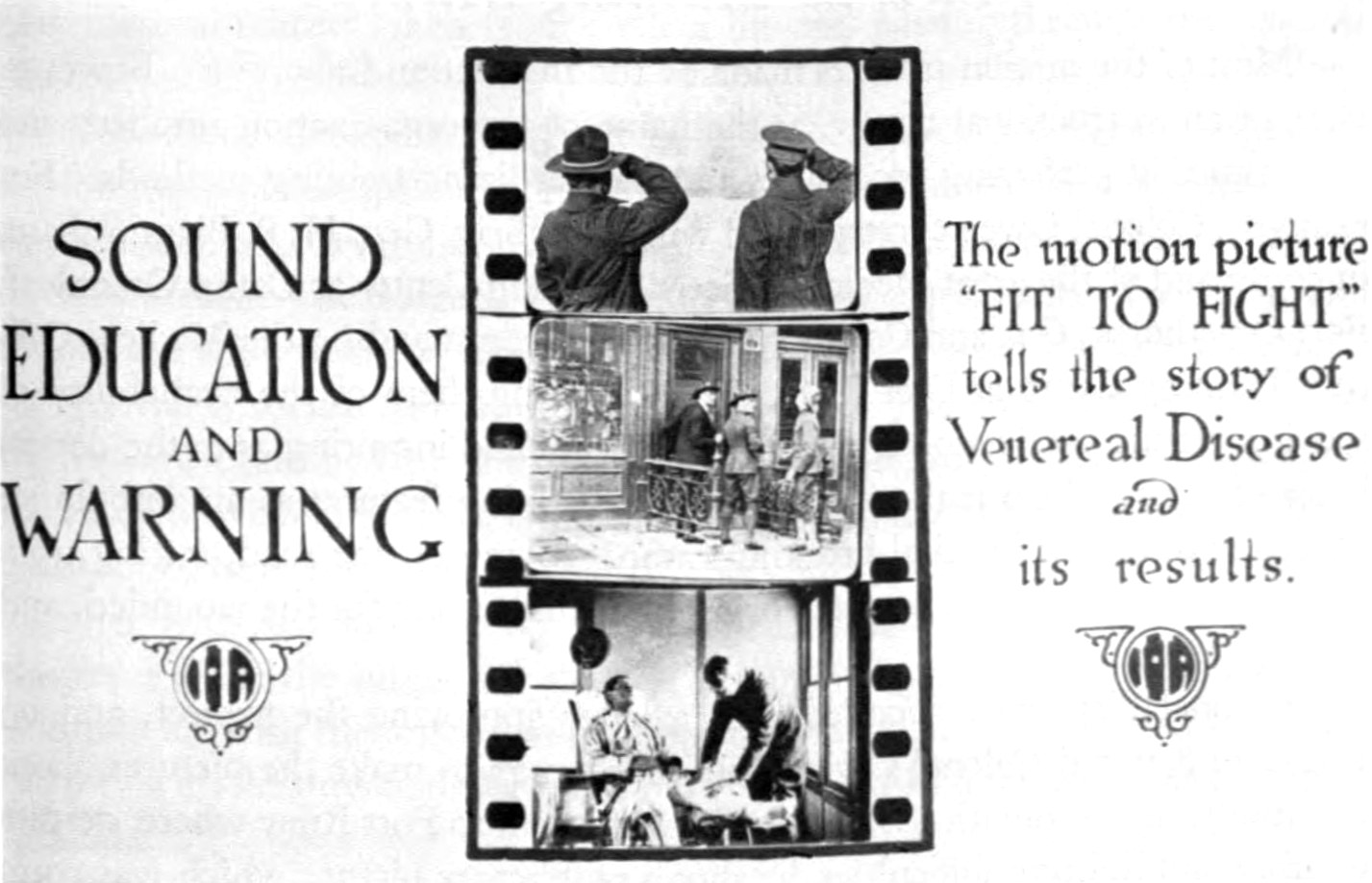 Schwarzes und weißes Plakat mit einer Gruppe von verängstigten Menschen in einem Raum, das den Text 'Sound Education and Warning' oben trägt.