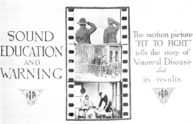 Schwarzes und weißes Plakat mit einer Gruppe von verängstigten Menschen in einem Raum, das den Text 'Sound Education and Warning' oben trägt.