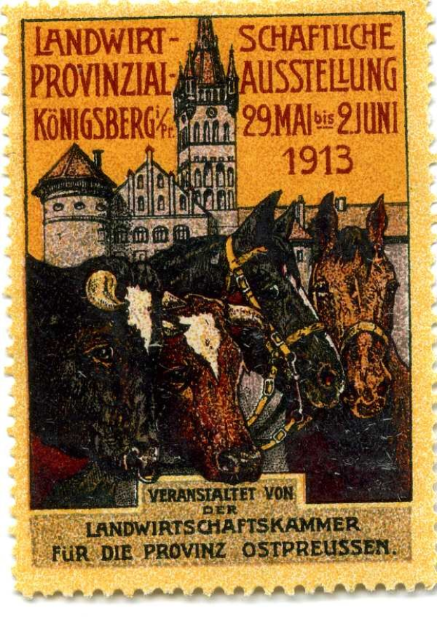 Deutscher Briefmarkenaufkleber aus etwa 1913 mit drei Kühen und einer Burg, auf der der Text "Landwirtschaftskammer" gedruckt ist.