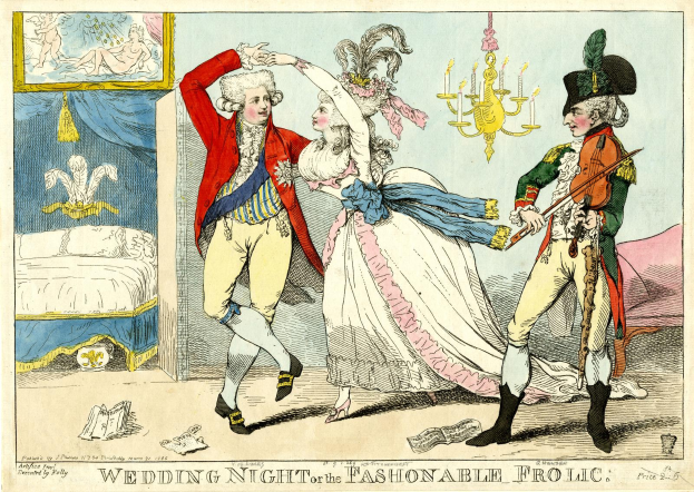 Eine Karikatur eines Mannes und einer Frau, die auf einer Hochzeit tanzen, beleuchtet von einem Kronleuchter, mit einem Bett, einem Wandrahmen und diversen Gegenständen auf dem Boden; unten steht der Text 'Hochzeitsnacht oder das modebewusste Vergnügen'.