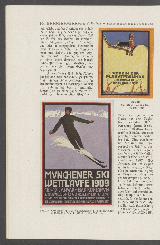 Werbung für den "Münchner Ski Wettlauf 1909", der einen Skifahrer in Neoprenanzug und Helm auf einer verschneiten Piste unter einem klaren blauen Himmel zeigt.