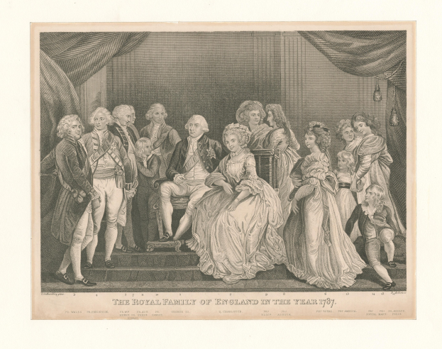 Eine Gruppenporträtaufnahme der englischen Königsfamilie im Jahr 1787, die auf einer Treppe sitzend und stehend mit Vorhängen im Hintergrund zu sehen ist, begleitet von Text am unteren Rand.