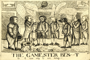 Eine historische Illustration von Menschen, die mit einem Hund ein Spiel spielen, mit der ├ťberschrift "The Gamester Bes-T or a New Way to Win Money."